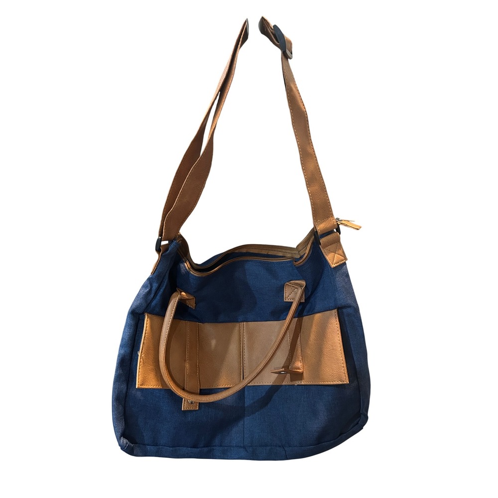 Blue Canvas Crossbody Bag with Tan Faux‎ Leather Trim Shoulder Handbag
